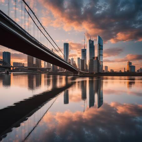 Captivating Sunset Over Modern Skyscrapers with Reflections in River