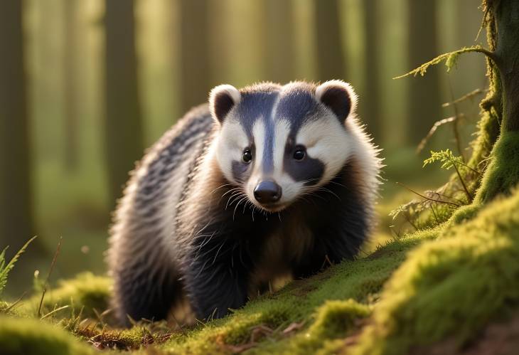 Captive European badger in the morning light on mossy hills, Bohemian Forest, Czech Republic