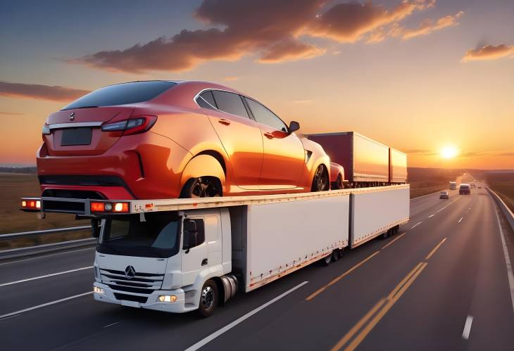 Car Carrier Trailer on Highway at Sunset Auto Transport and Vehicle Shipping Services