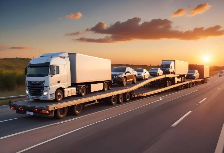 Car Carrier Trailer Transporting Cars on Highway at Sunset Auto Transport and Shipping Services