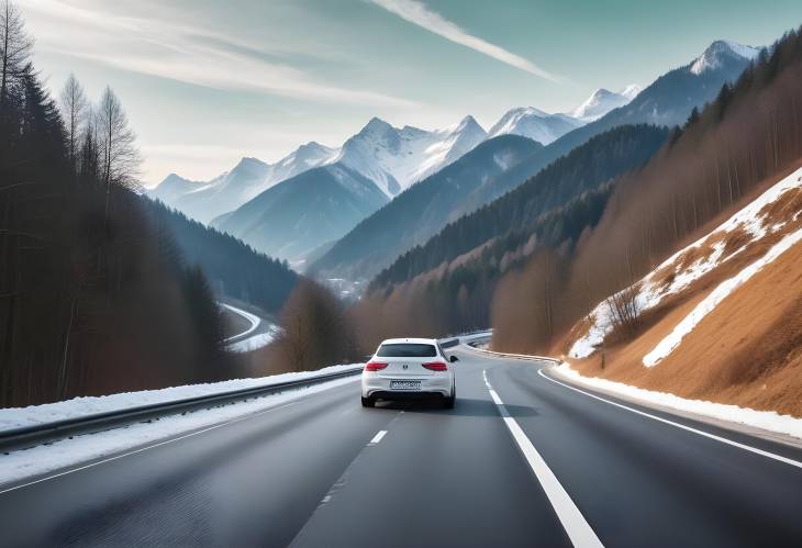 Car Driving on Snow Covered Mountain Road in Winter  Scenic Bavaria Landscape