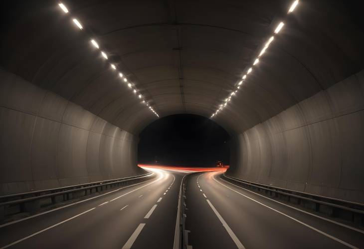 Car Lights Shining Through Highway Road Tunnel at Night