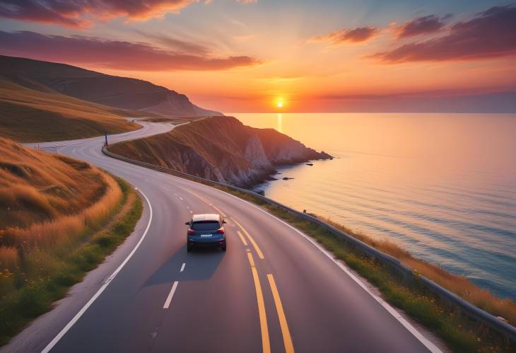 Car on Coastal Highway Stunning Summer Sunset and Beach Landscape in Europe