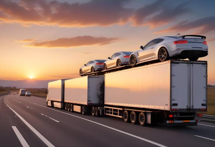 Car Shipping at Sunset Car Carrier Trailer on Highway with Vehicles in Transport