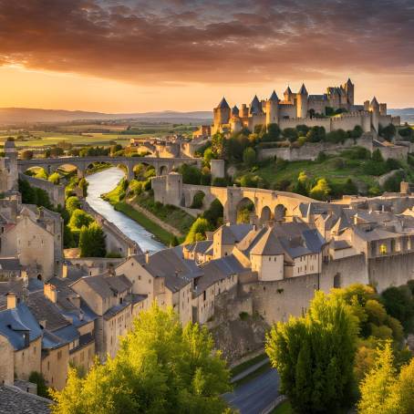 Carcassonne Old Town and Pont Vieux at Sunset in France