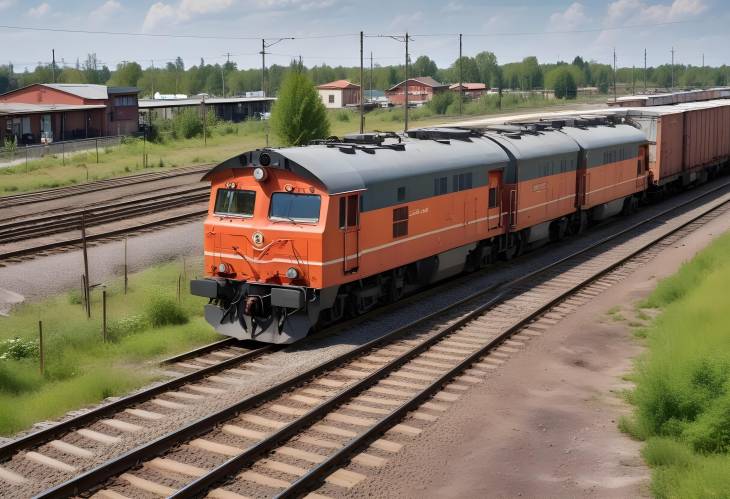 Cargo Freight Train Moving Past Station with Delivery Wagons