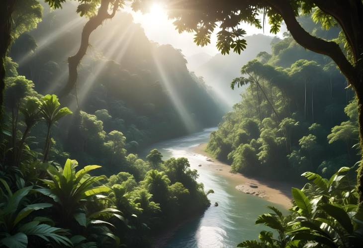 Cascading River Through Lush Tropical Wilderness