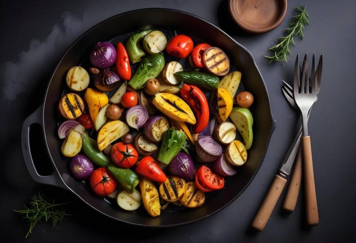 Cast Iron Pan with Grilled Assorted Vegetables on Dark Background