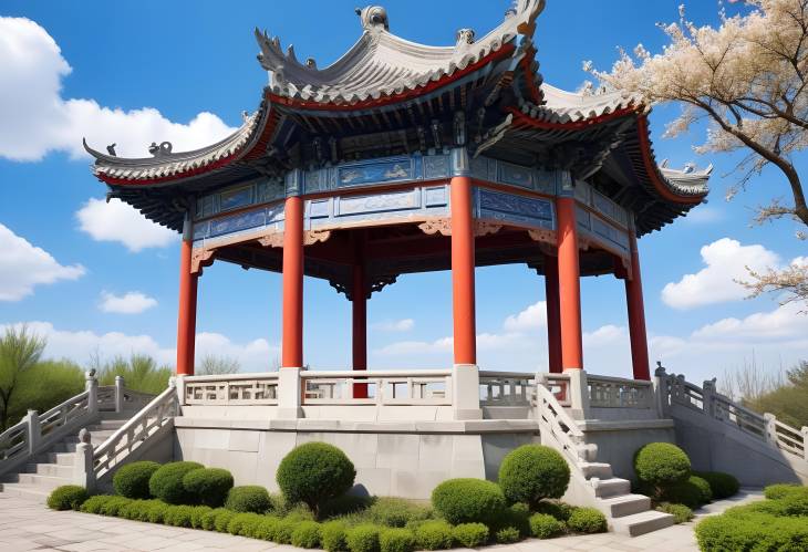 Celestial Calm Ancient Chinese Garden with Blue Sky and Clouds