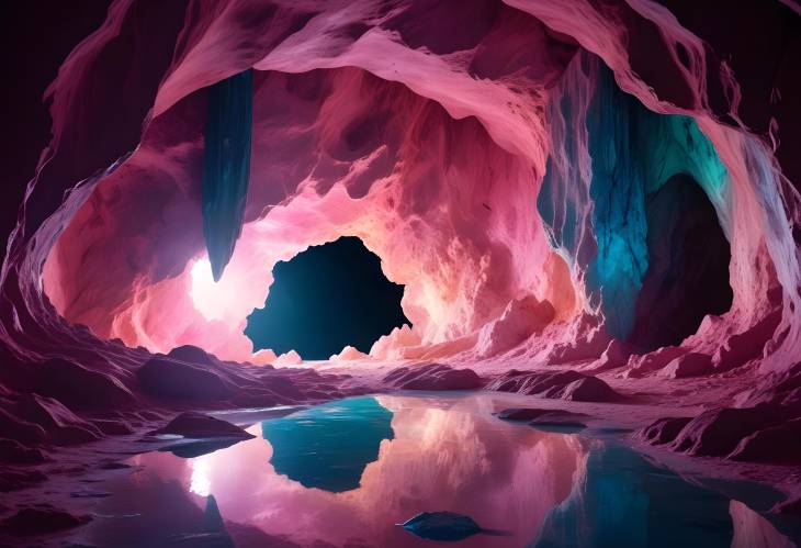 Celestial Cosmic Portal in Ancient Pink Cave with Reflective White Ground and Magical Light