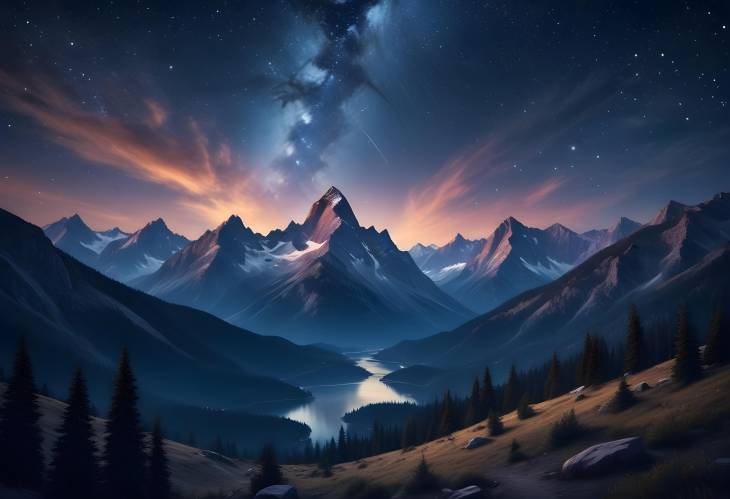 Celestial Night with Starry Sky and Majestic Mountains in the Background