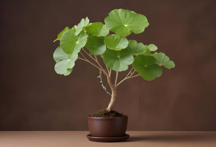 Centella Asiatica and Transparent Podium Branch Tree on Brown Background, Front Perspective