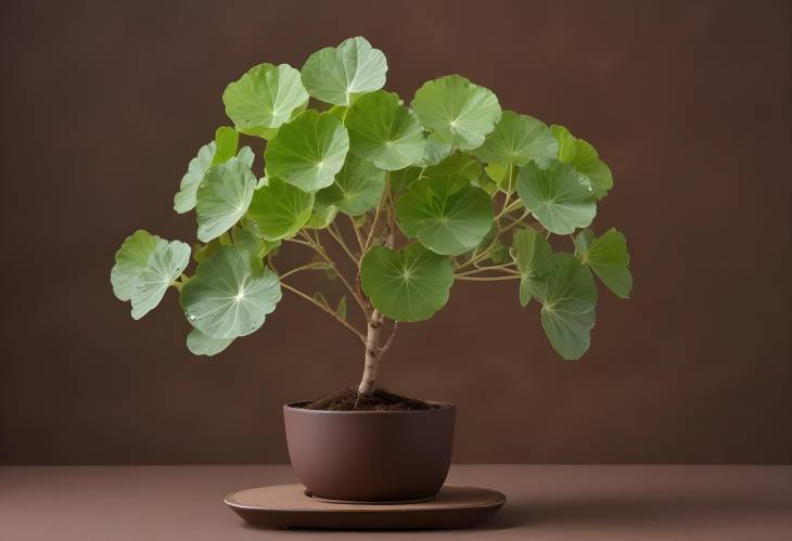 Centella Asiatica Decorated with Transparent Podium and Branch Tree on Brown Background