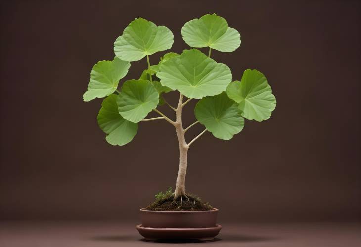 Centella Asiatica Displayed with Transparent Podium Branch Tree Against Brown Background