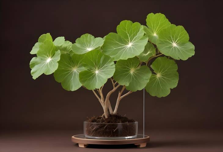 Centella Asiatica Front View with Branch Tree and Transparent Podium on Brown Background