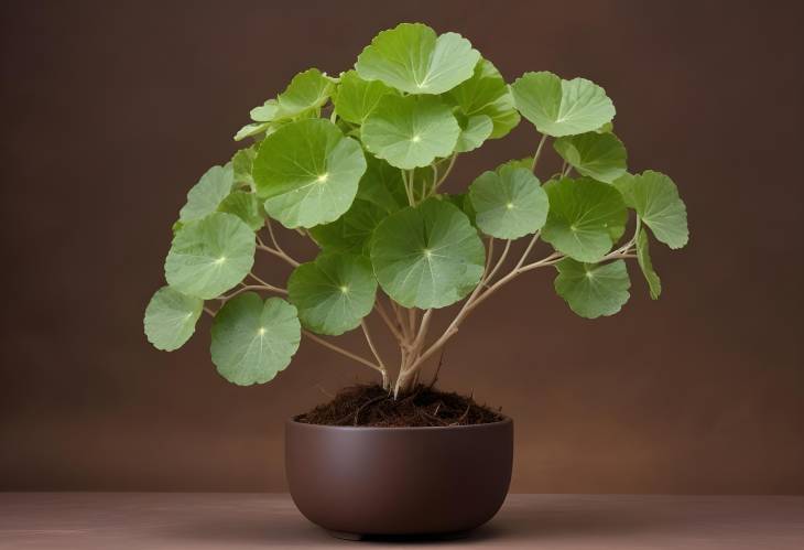 Centella Asiatica with Branch Tree Displayed on Transparent Podium Against Brown Background