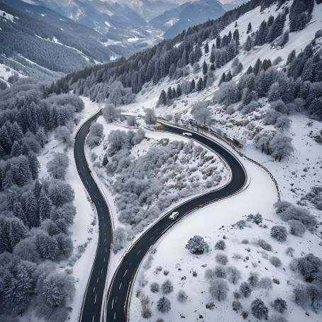 Cerler Aerial View Snowy Curving Road with Vehicle in Spain