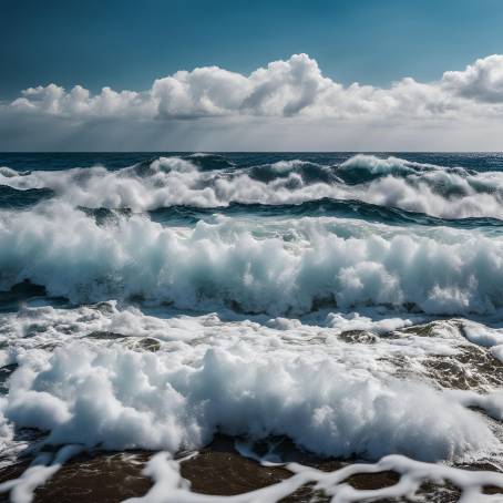 Chaotic Sea Waves Crashing with Foam Under Cloudy Skies