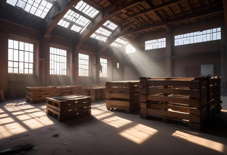 Charming Abandoned Warehouse Rustic Beams and Wooden Crates in Sunlight