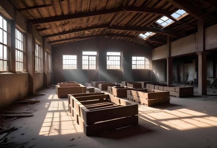 Charming Abandoned Warehouse Rustic Wooden Crates and Beams Bathed in Sunlight