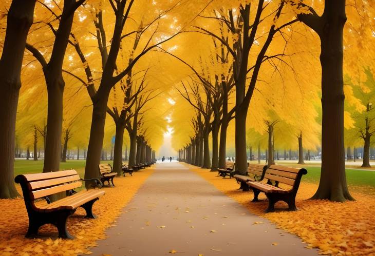 Charming Autumn Park with Golden Leaves and Benches