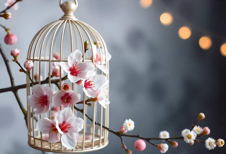 Charming Bird Cage Decor with Sakura and Fruit Flowers for Weddings