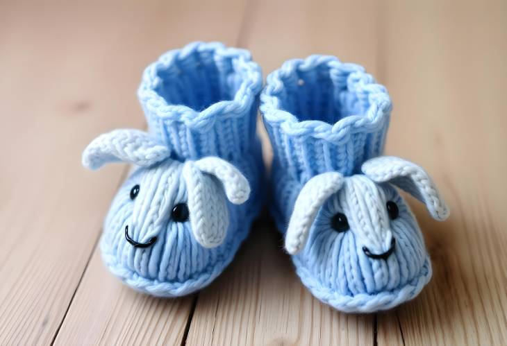 Charming Blue Baby Booties Knitted with Rabbit Face for Little Boys