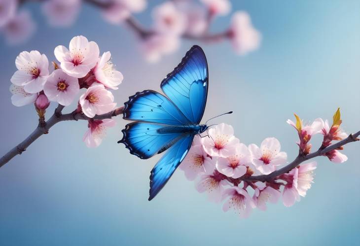 Charming Blue Butterfly Flitting Over Apricot Tree Blossoms at Sunrise on a Light Blue and Violet B