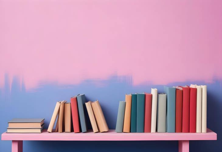 Charming Bookshelf A Blue Shelf of Books Against a Pink Wall Backdrop