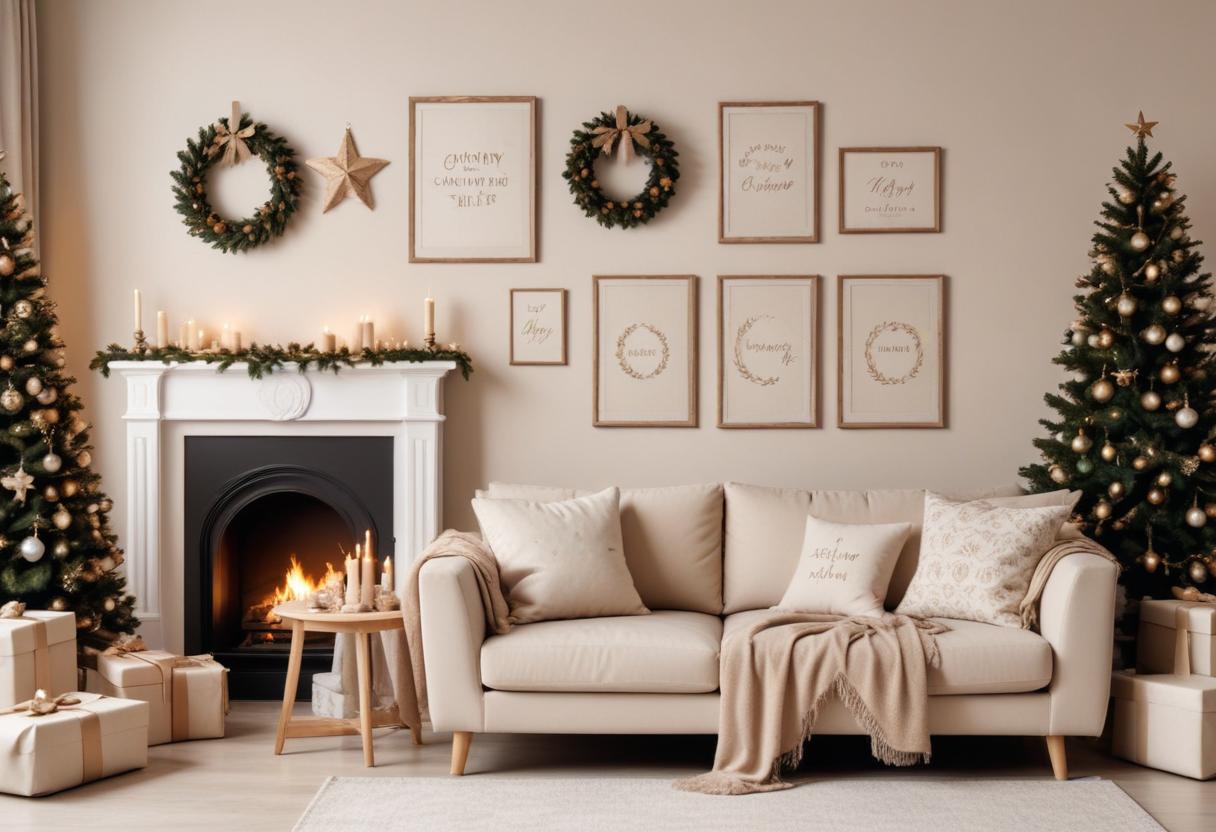 Charming Christmas Living Room with Beige Sofa, Mockup Frames, Wreath, and Gifts