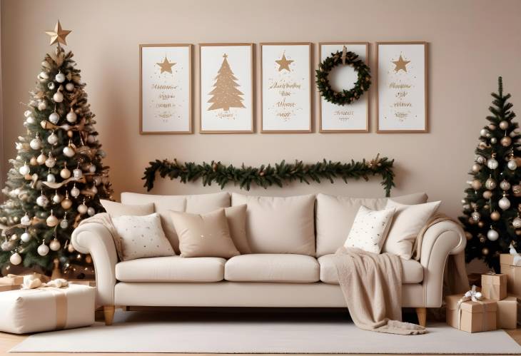 Charming Christmas Living Room with Beige Sofa, Mockup Frames, Wreath, and Holiday Decor