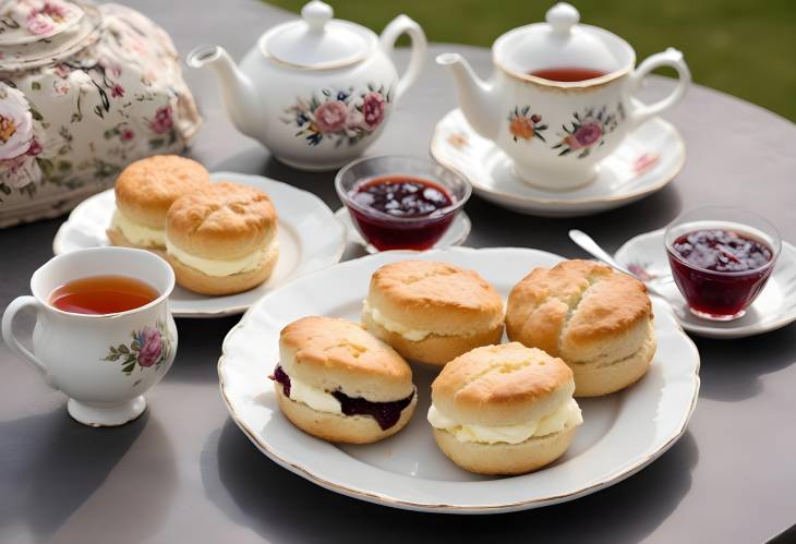 Charming Clotted Cream Tea Fresh Scones with Jam and Cream, Served with Tea