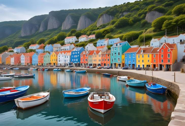 Charming Coastal Village with Colorful Houses and Fishing Boats in a Scenic Harbor