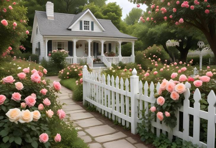 Charming Cottage Garden with Blooming Roses, Winding Pathways, and White Picket Fence