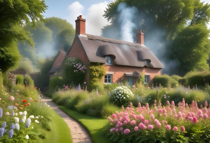 Charming Countryside Cottage with Flowering Gardens and Morning Smoke