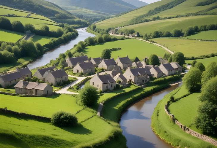 Charming Countryside Village with Stone Cottages, Rolling Hills, and Meandering River