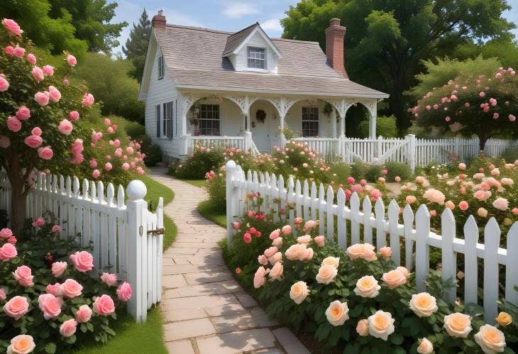 Charming Floral Garden with Blooming Roses, Winding Pathways, and a White Picket Fence