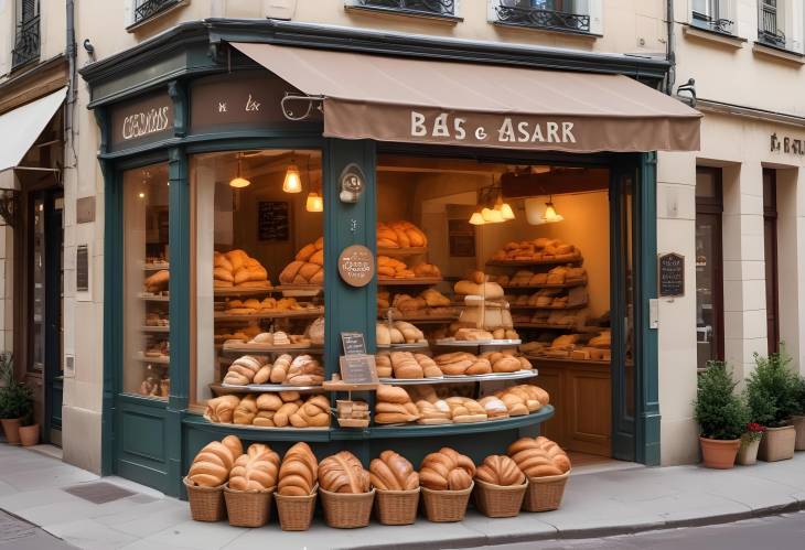 Charming French Bakery with Freshly Baked Breads and Croissants in Quaint Storefront