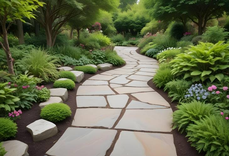 Charming Garden Path Winding Stone Walkway Through Lush Greenery