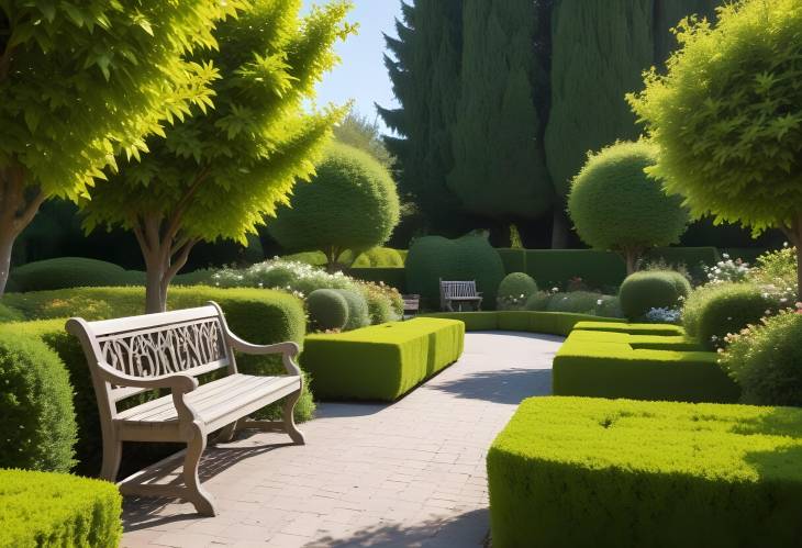 Charming Garden Scene with Benches and Manicured Bushes Under Sunny Sky  Outdoor Haven