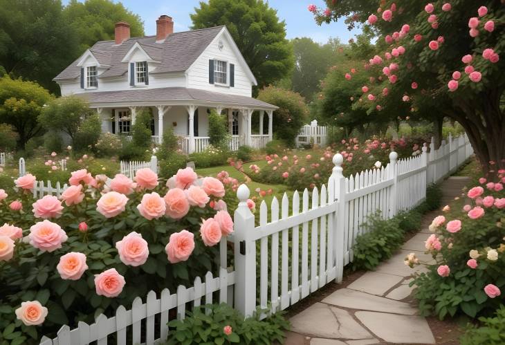 Charming Garden with Roses, Winding Walkways, and a Quaint White Picket Fence