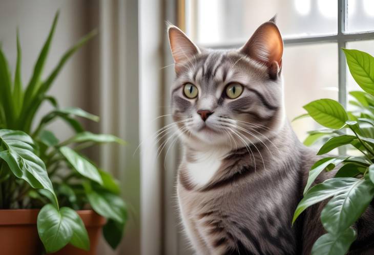 Charming Gray Striped Cat with Houseplants on Window Sill  Close Up