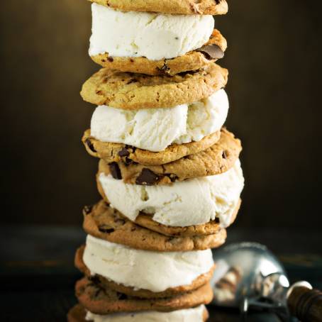 Charming Ice Cream Sandwiches with Nuts, Caramel, and Chocolate Chip Cookies