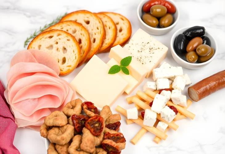 Charming Italian Snack Arrangement Ham, Ciabatta, Olives, Parmesan, Grissini, Feta with Dried Tom