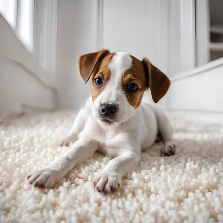 Charming Jack Russell Puppy Resting on White Carpet  Small Dog Sleeping Peacefully