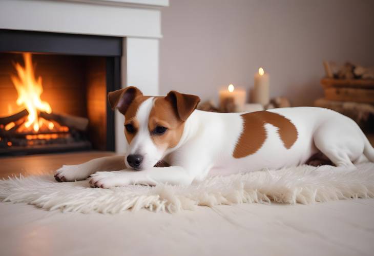 Charming Jack Russell Terrier Asleep on White Rug Next to Cozy Fireplace