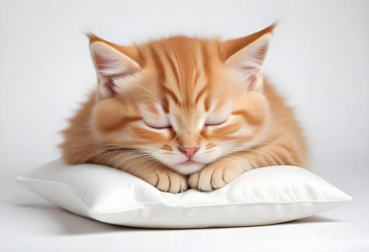 Charming Kitten Napping on a White Pillow, Isolated on White Background