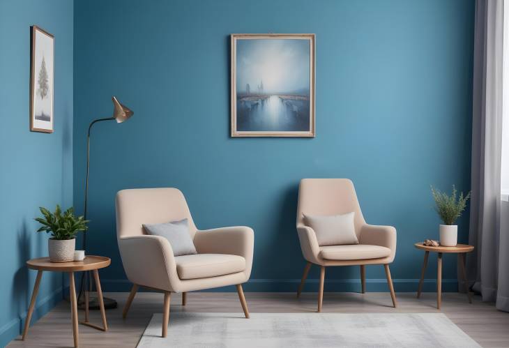 Charming Living Room with Armchair and Blue Wall Picture Display