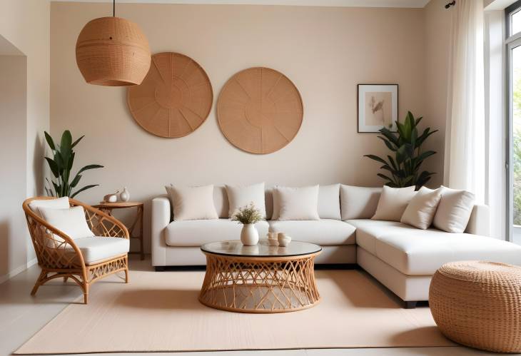 Charming Living Room with Sofas, Rattan Table, and Soft Carpet for Cozy Relaxation