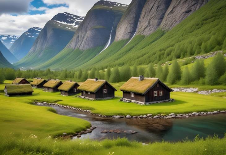 Charming Norwegian Wooden Houses with Grass Roofs in Innerdalen Valley, Near Innerdalsvatna Lake